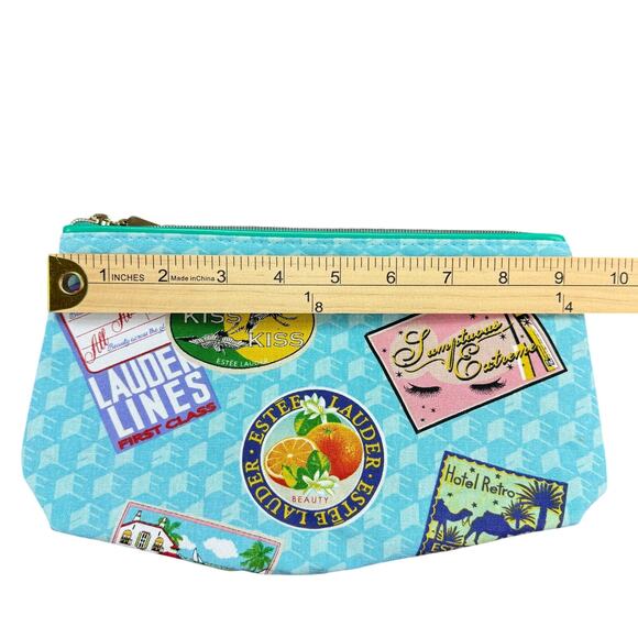 Estée Lauder Cosmetic Makeup Bag Blue with Various Sticker like Designs - Picture 6 of 7